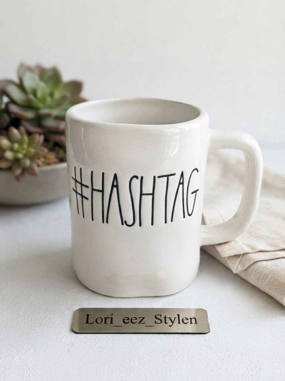 Rae Dunn White Ceramic Mug with Black "#HASHTAG" Lettering